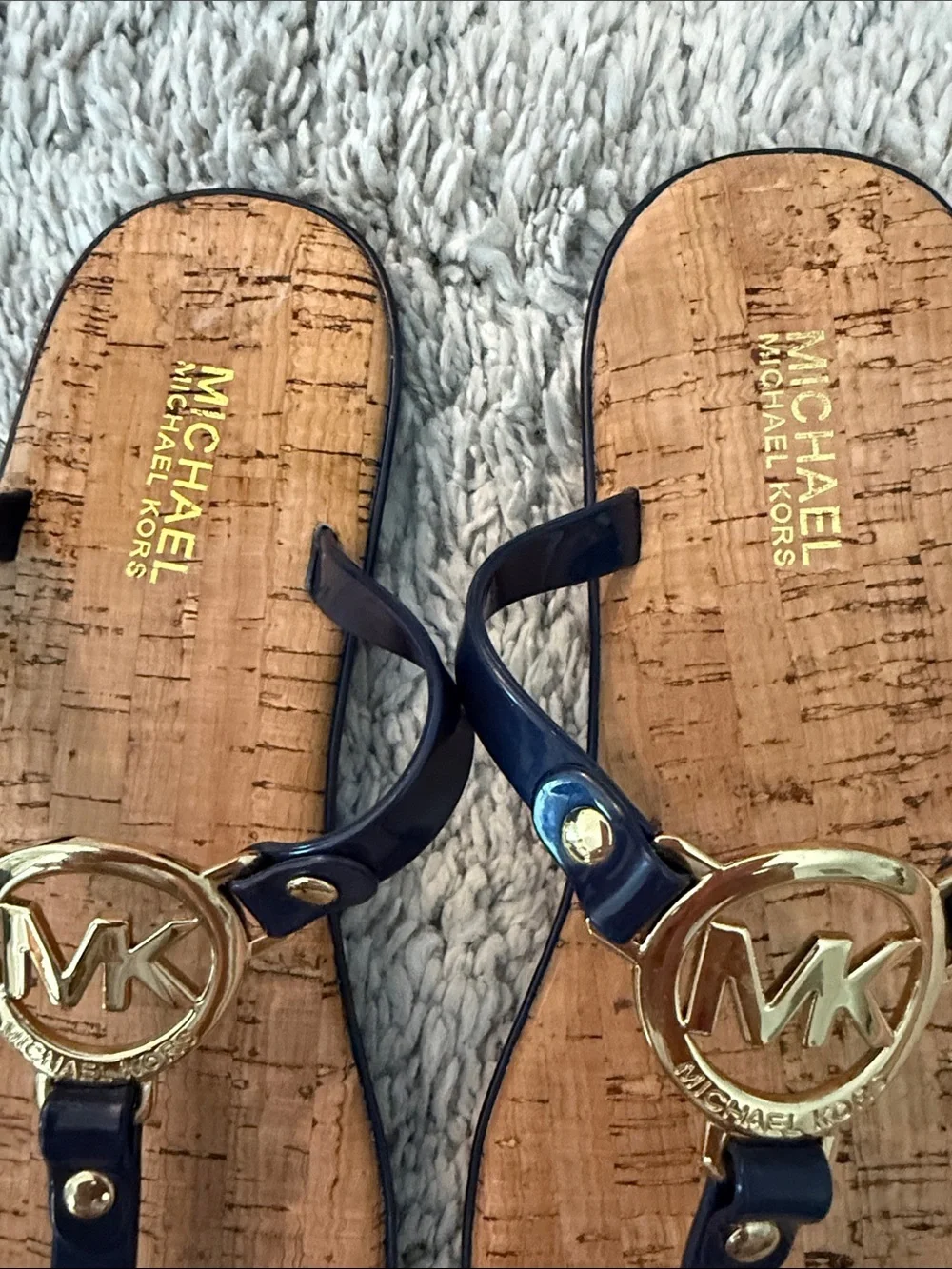 Michael Kors Navy & Gold MK Logo Cork-Style Thong Sandals beach summer luxury 7